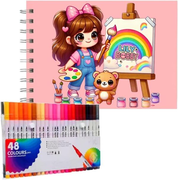 Kit de 48 Canetinhas Marcador de Ponta Dupla + Kit Livro Colorir Lily Bobby Capa Dura) - Imagem 3